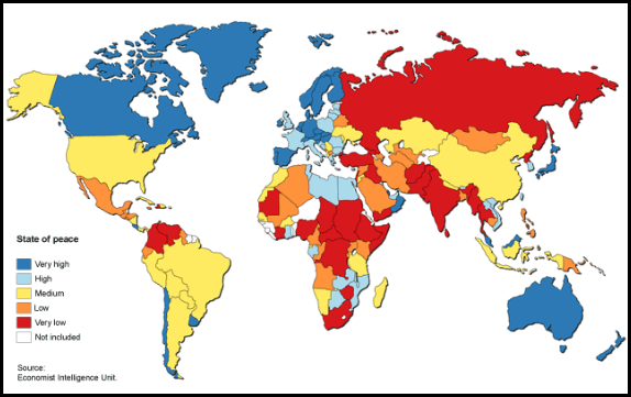 This map shows the rate of NON-violence, from low (a lot of violence) to high (little violence) in a country. Which of these countries suffers from a high rate of violence?